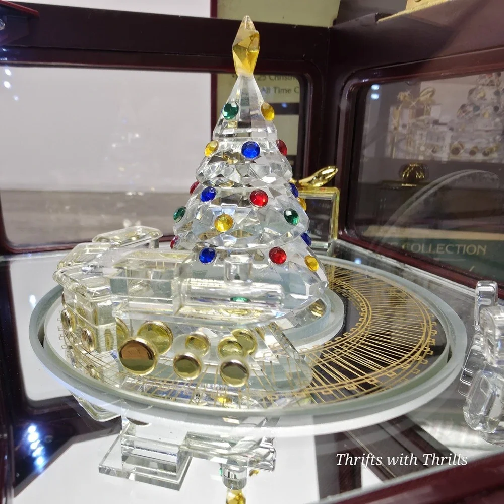 Vintage Crystal Showcase Holiday Music Box With Moving Train, Music, And Lights